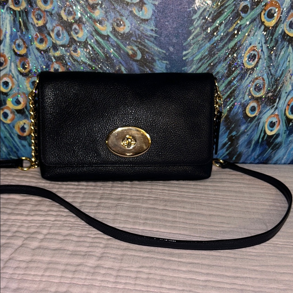 Coach Navy Pebbled Leather w Gold Metal Chain Accented Crossbody Bag
